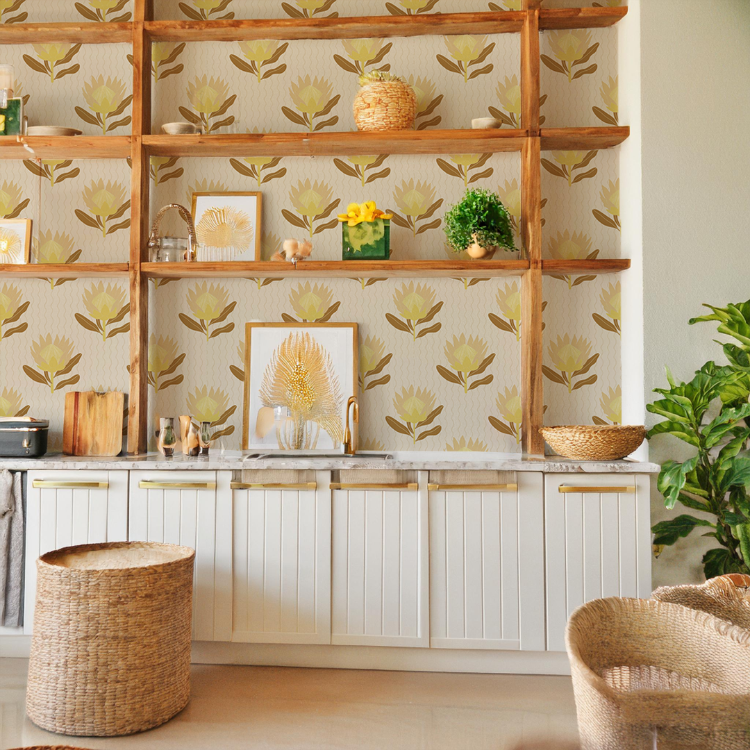 King Protea Wallpaper, neutral and brown mustard