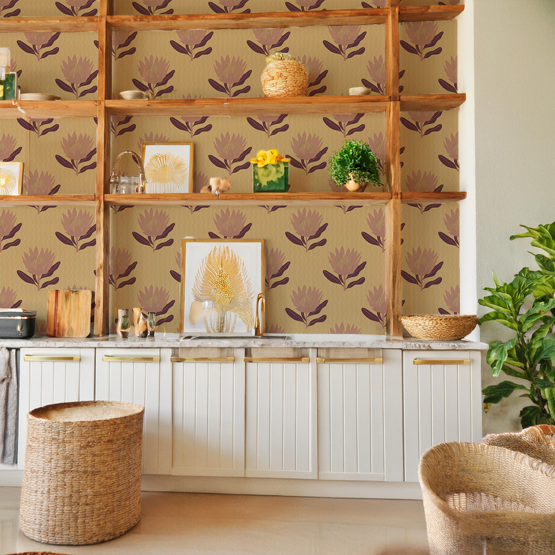 King Protea Wallpaper, butter yellow and mauve