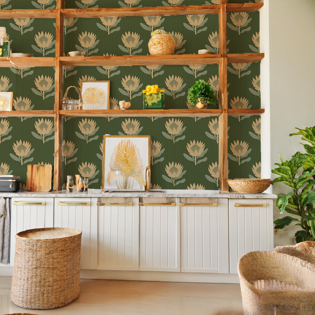 King Protea Wallpaper, forest green and butter yellow