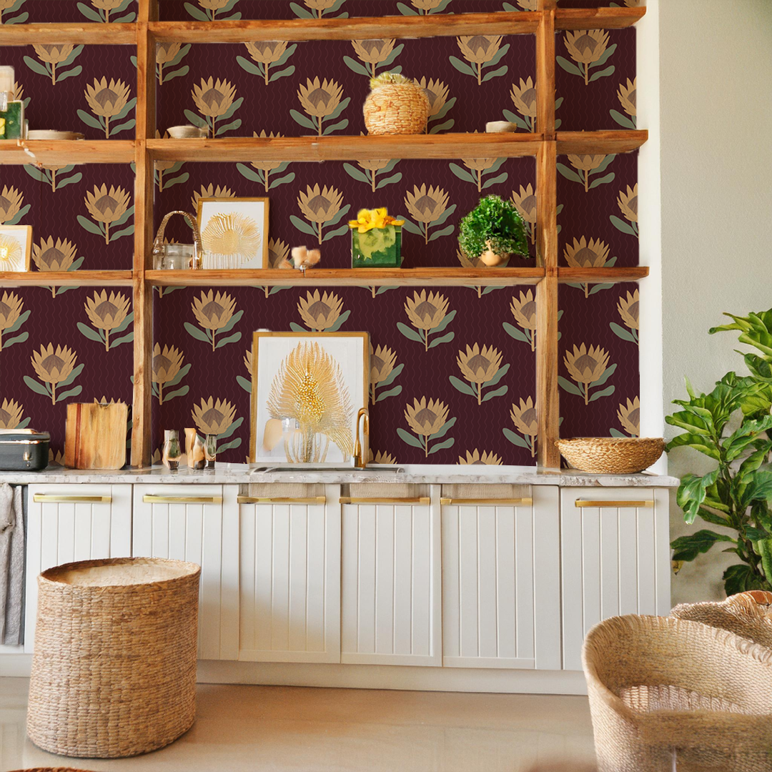 King Protea Wallpaper, dark plum and butter yellow