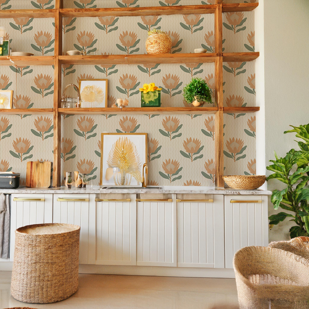 King Protea Wallpaper, neutral and apricot