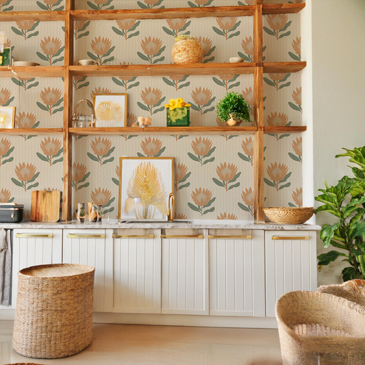 King Protea Wallpaper, neutral and apricot