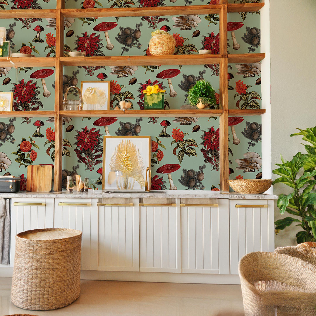 Mushrooms Wallpaper, mint and red