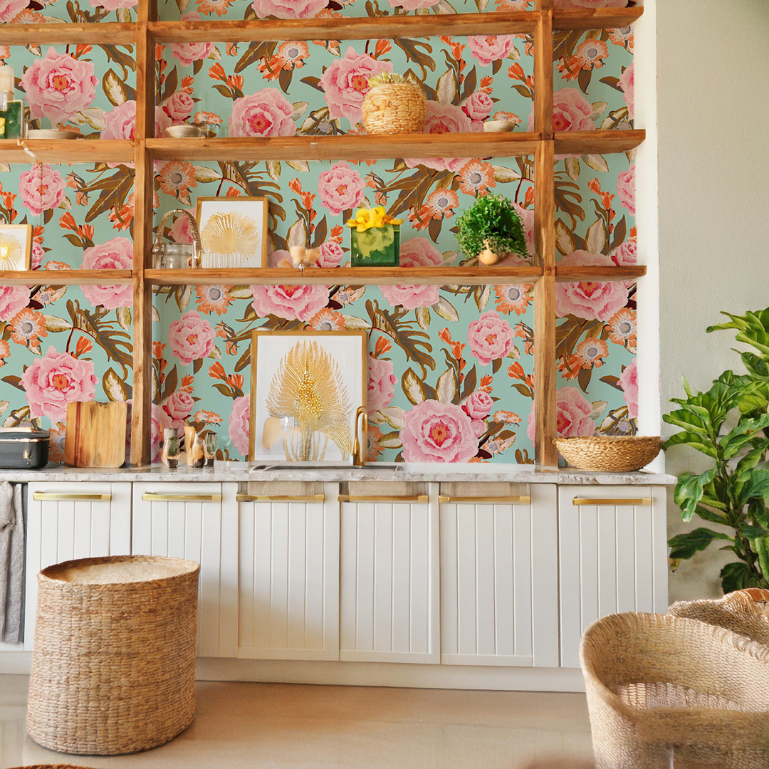 Posh Posy Wallpaper, light blue