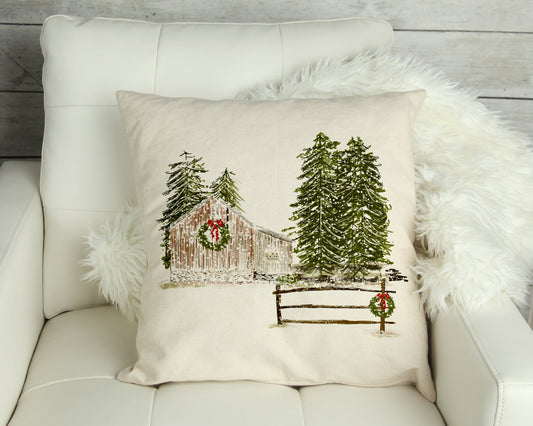 Barn with Wreath and Trees Pillow Cover featuring a cozy design on a natural linen background.