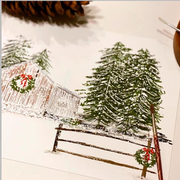 Barn with Wreath and Trees Pillow Cover design featuring a cozy barn and evergreen trees in winter.