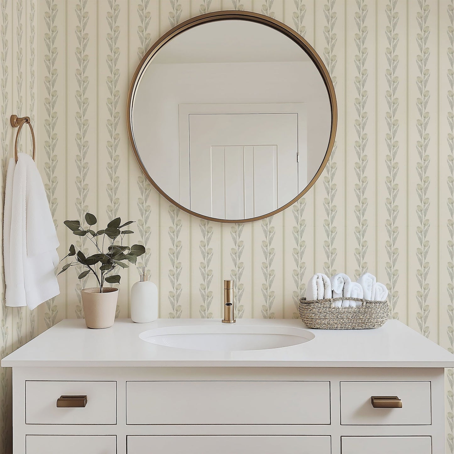 Cream and Yellow Vintage Tulip and Stripe Wallpaper