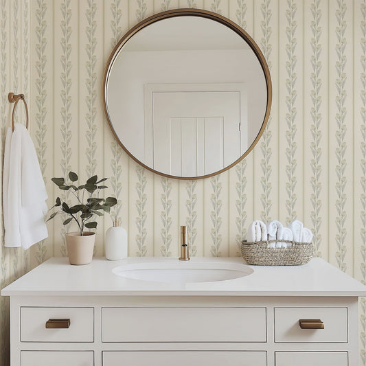 Cream and Yellow Vintage Tulip and Stripe Wallpaper