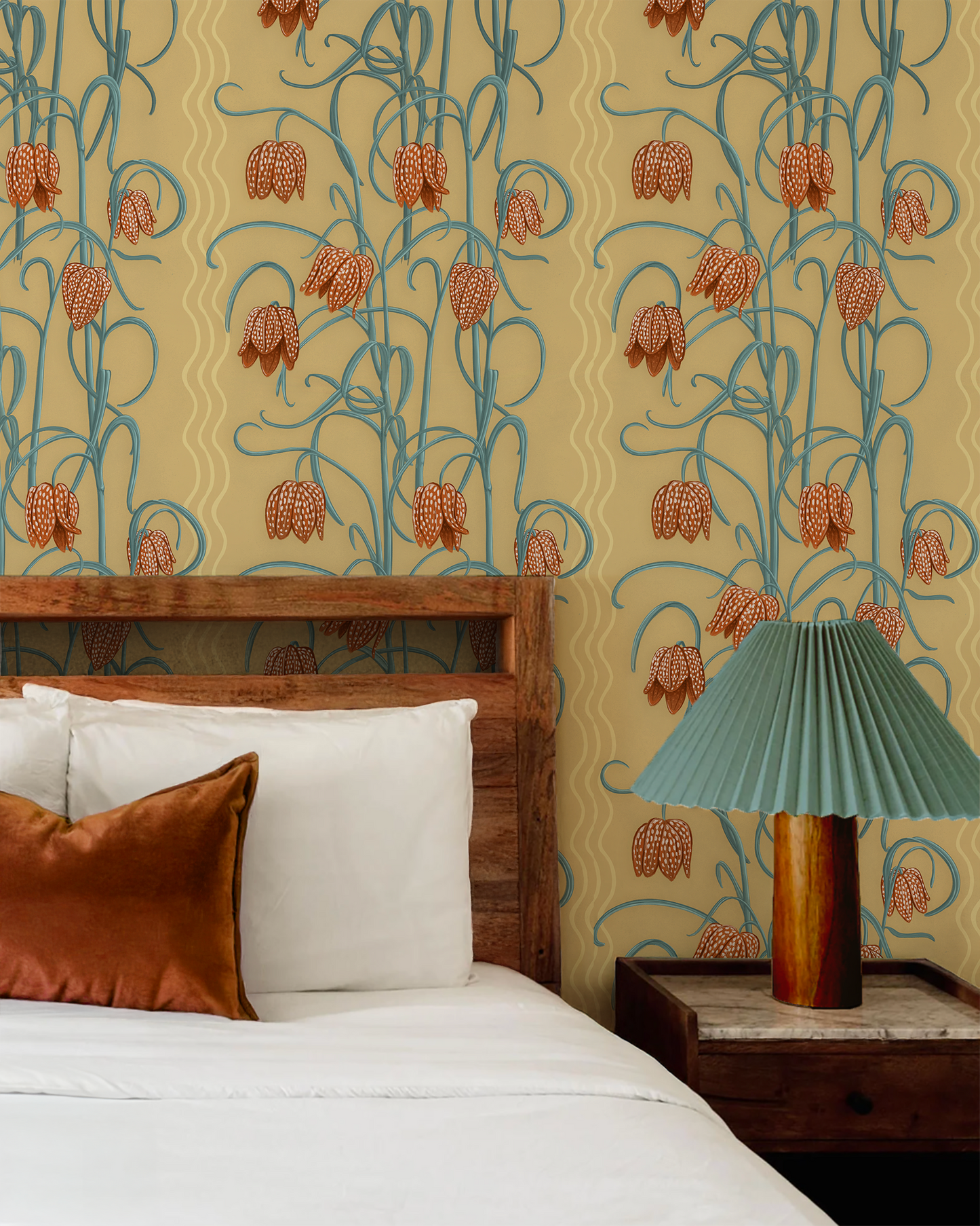 Campanas Wallpaper, butter yellow & slate blue