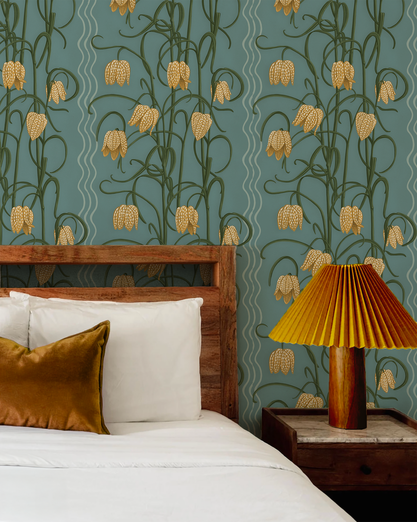 Campanas Wallpaper, dusty blue and marigold