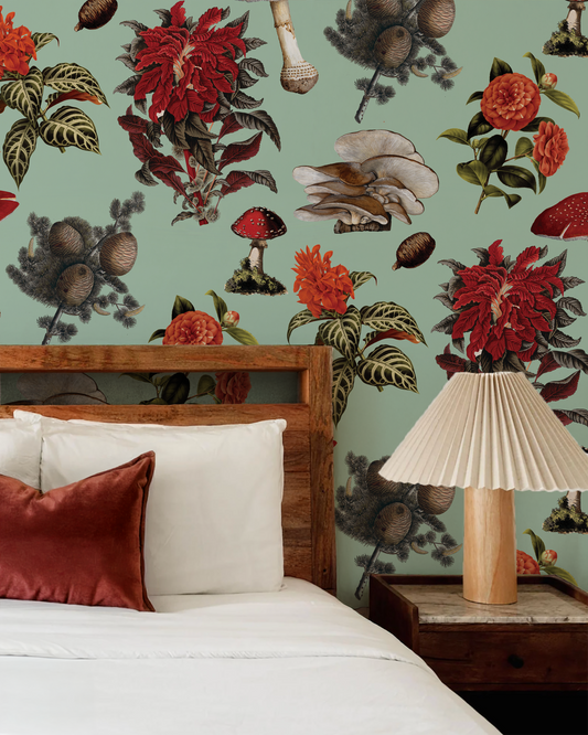 Mushrooms Wallpaper, mint and red