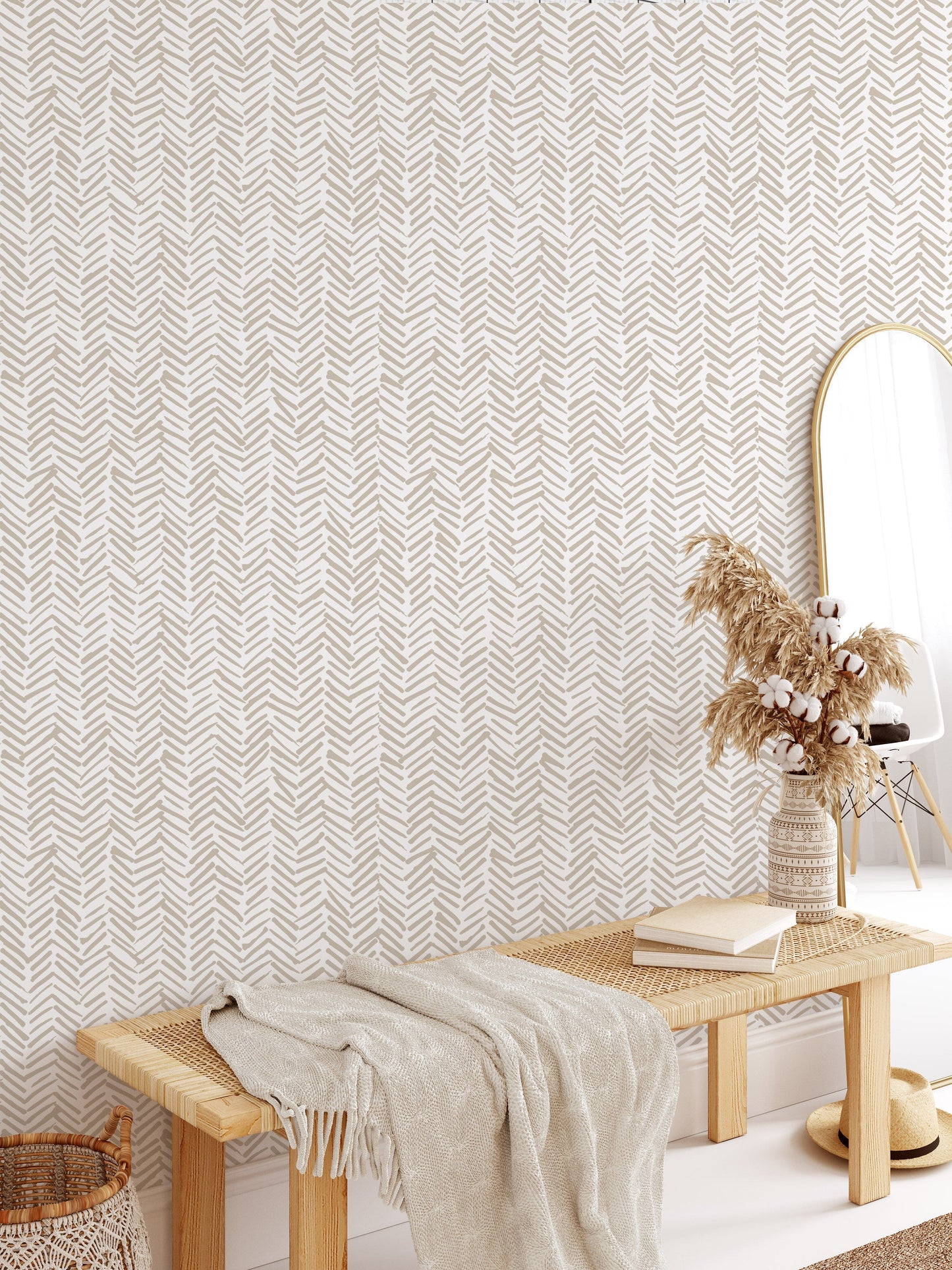Beige Brushstroke Herringbone Wallpaper | Organic Japandi