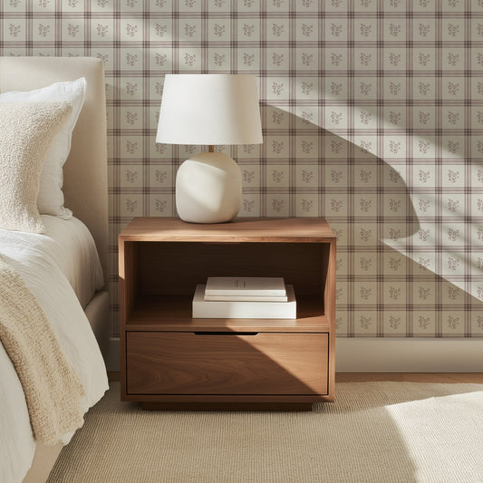 Millie Cream and Pink Wallpaper | Vintage Floral Windowpane Plaid