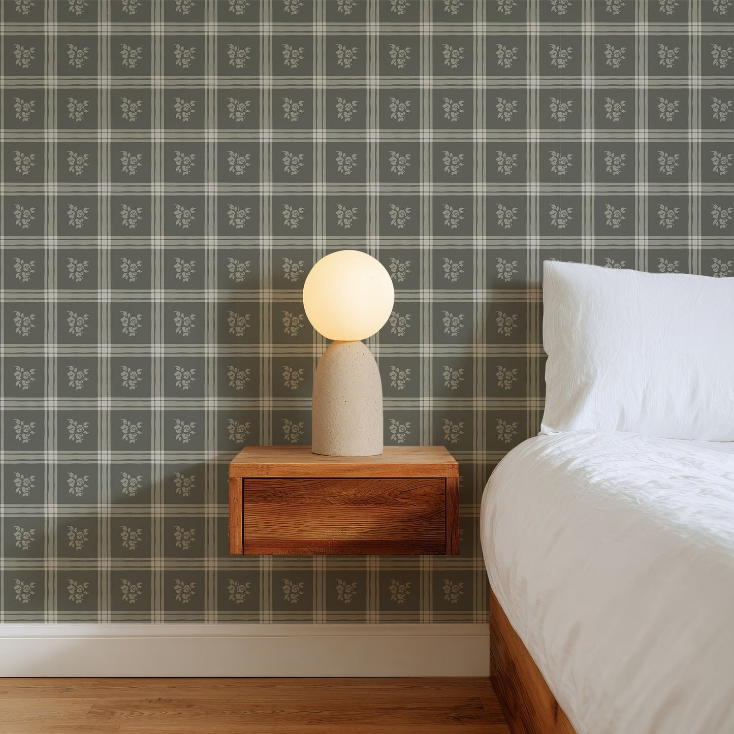 Millie Dark Green Wallpaper | Vintage Floral Windowpane Plaid