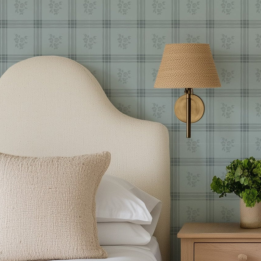 Millie Dusty Blue Wallpaper | Vintage Floral Windowpane Plaid