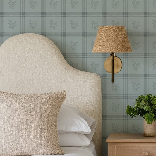 Millie Dusty Blue Wallpaper | Vintage Floral Windowpane Plaid