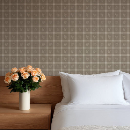 Millie Tan Wallpaper | Vintage Floral Windowpane Plaid