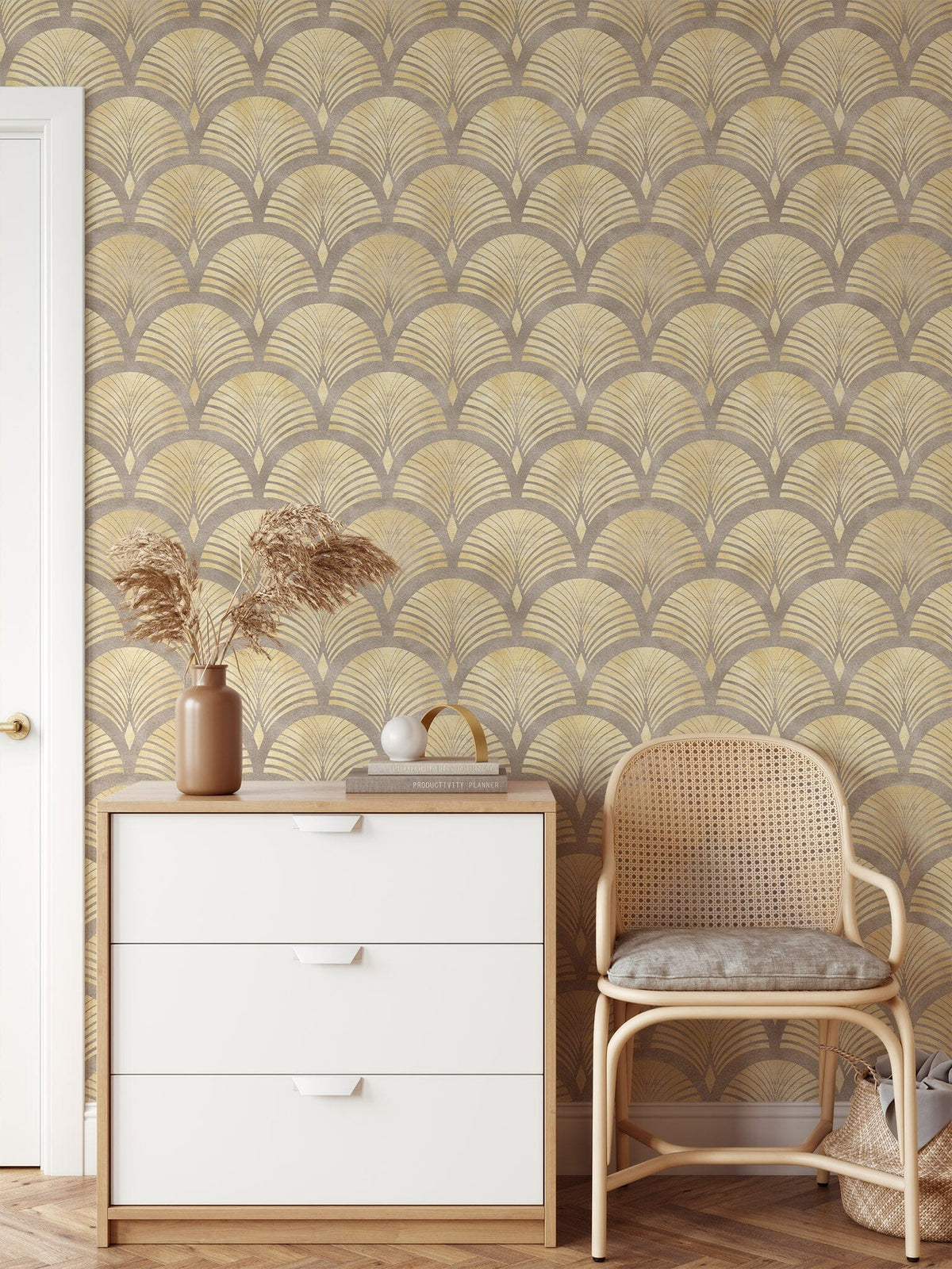 Beige Gold Effect Art Deco Style Luxury Wallpaper