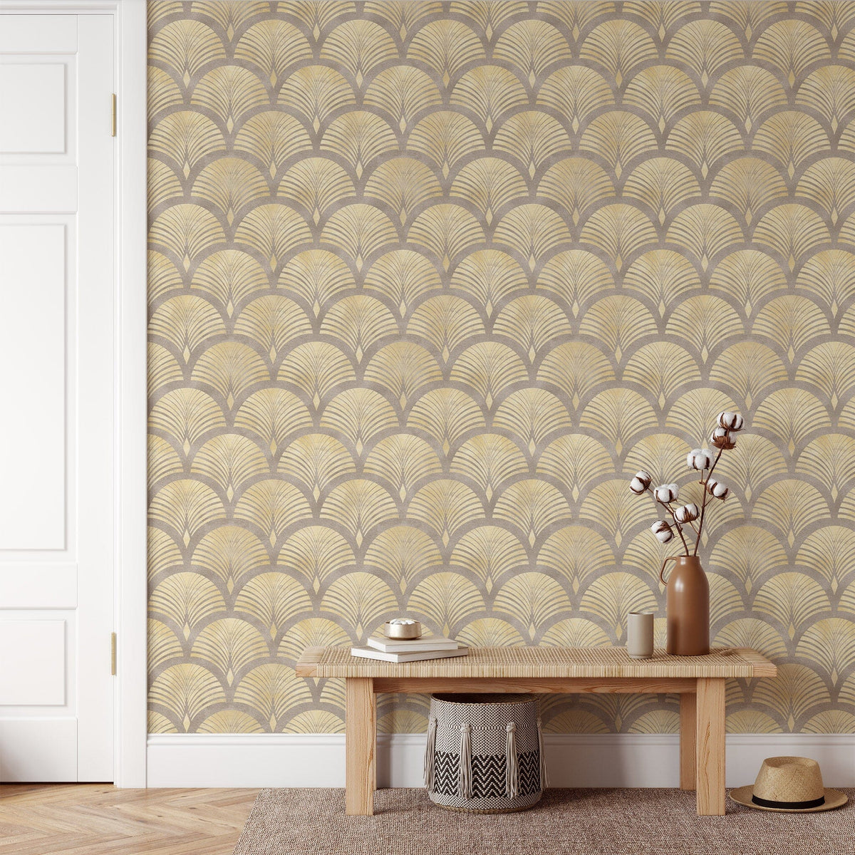Beige Gold Effect Art Deco Style Luxury Wallpaper