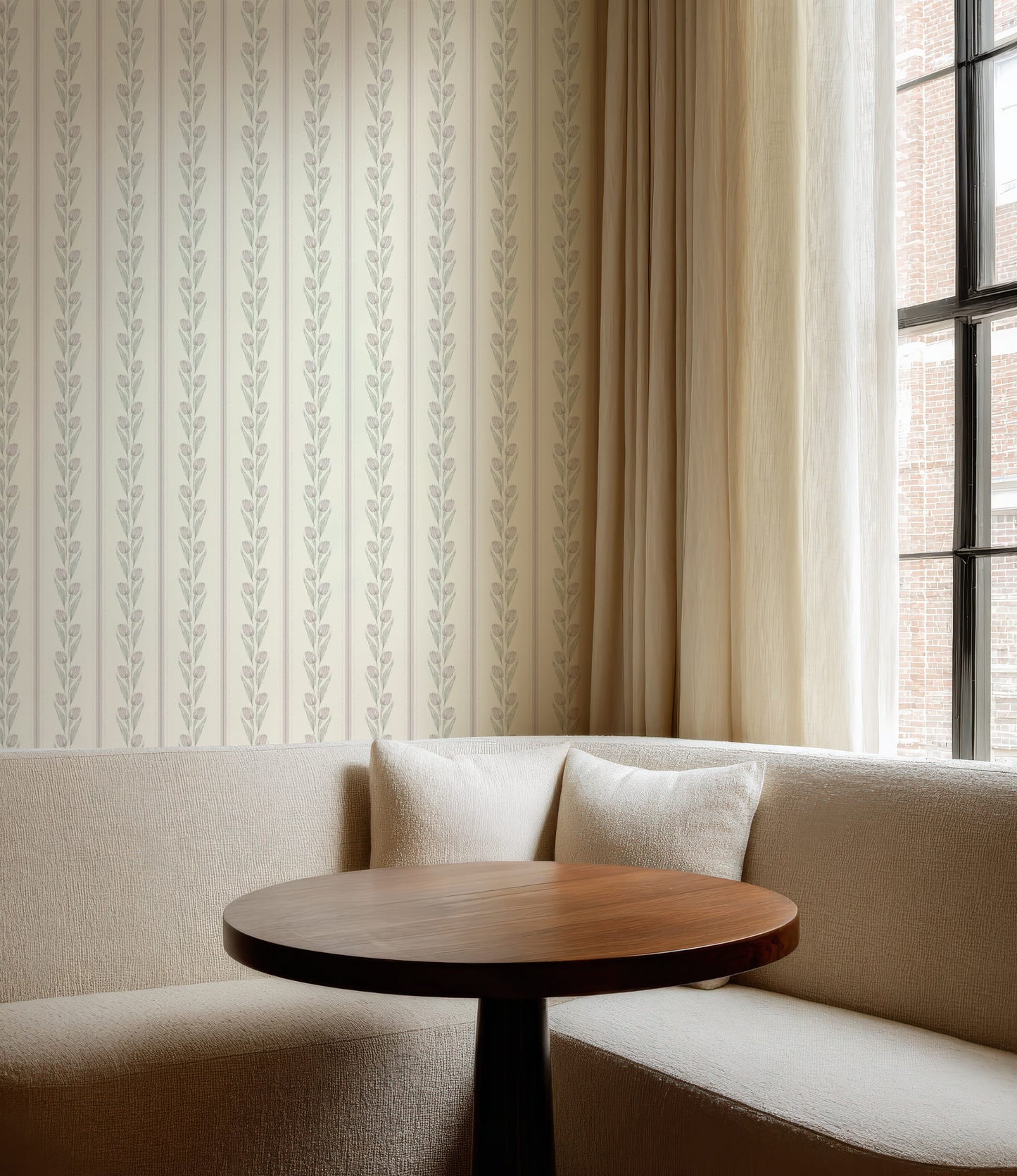 Cream and Pink Vintage Tulip and Stripe Wallpaper