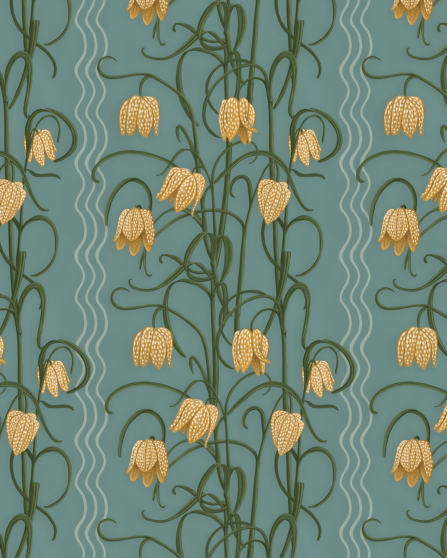 Campanas Wallpaper, dusty blue and marigold