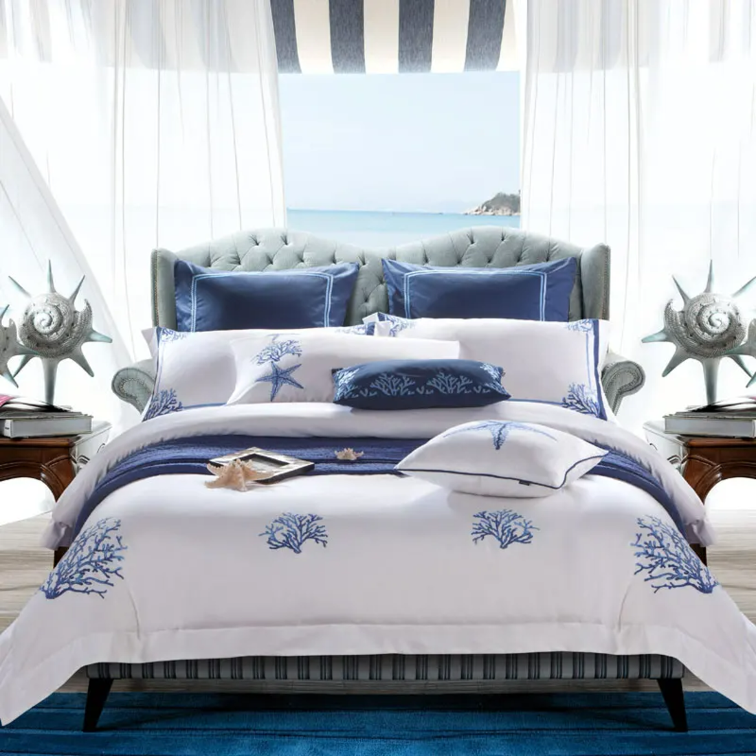 Blue Egyptian Cotton Embroidered Tribute Silky Bedding Set