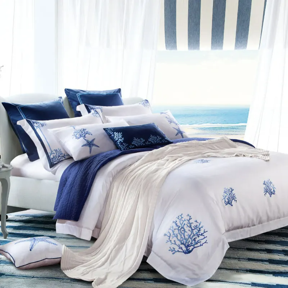 Blue Egyptian Cotton Embroidered Tribute Silky Bedding Set