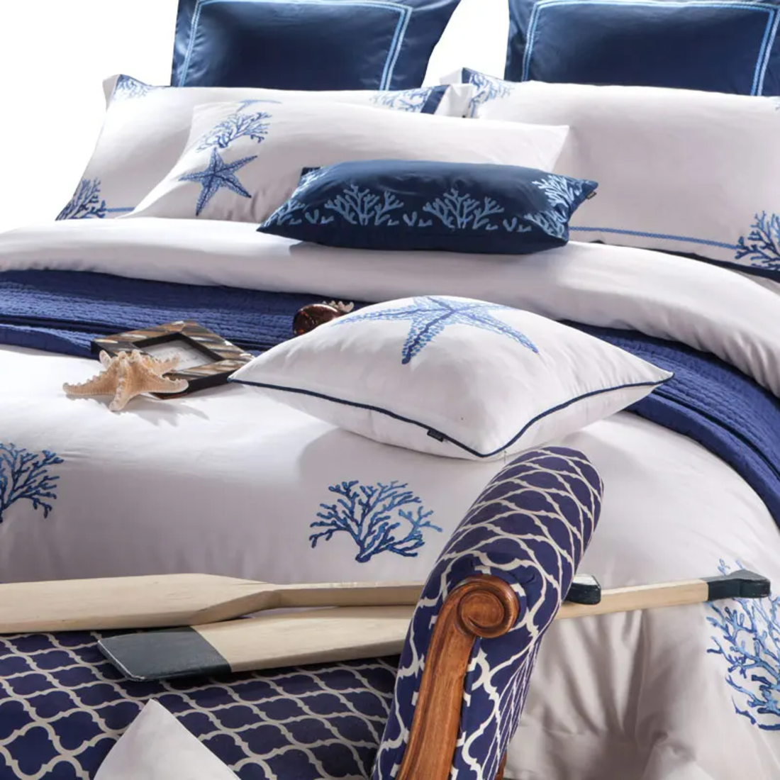 Blue Egyptian Cotton Embroidered Tribute Silky Bedding Set