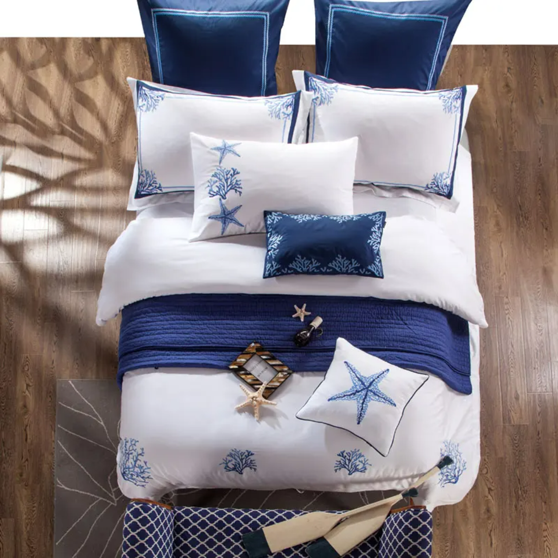 Blue Egyptian Cotton Embroidered Tribute Silky Bedding Set