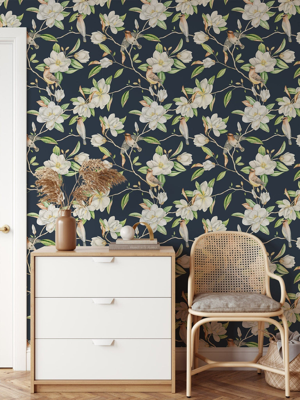 Blooming Magnolia Flowers Wallpaper on Blue Background