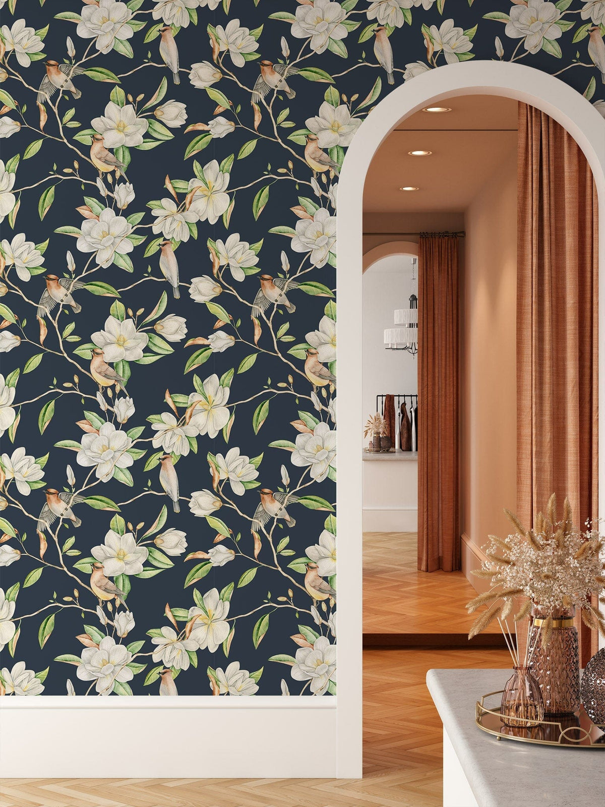 Blooming Magnolia Flowers Wallpaper on Blue Background