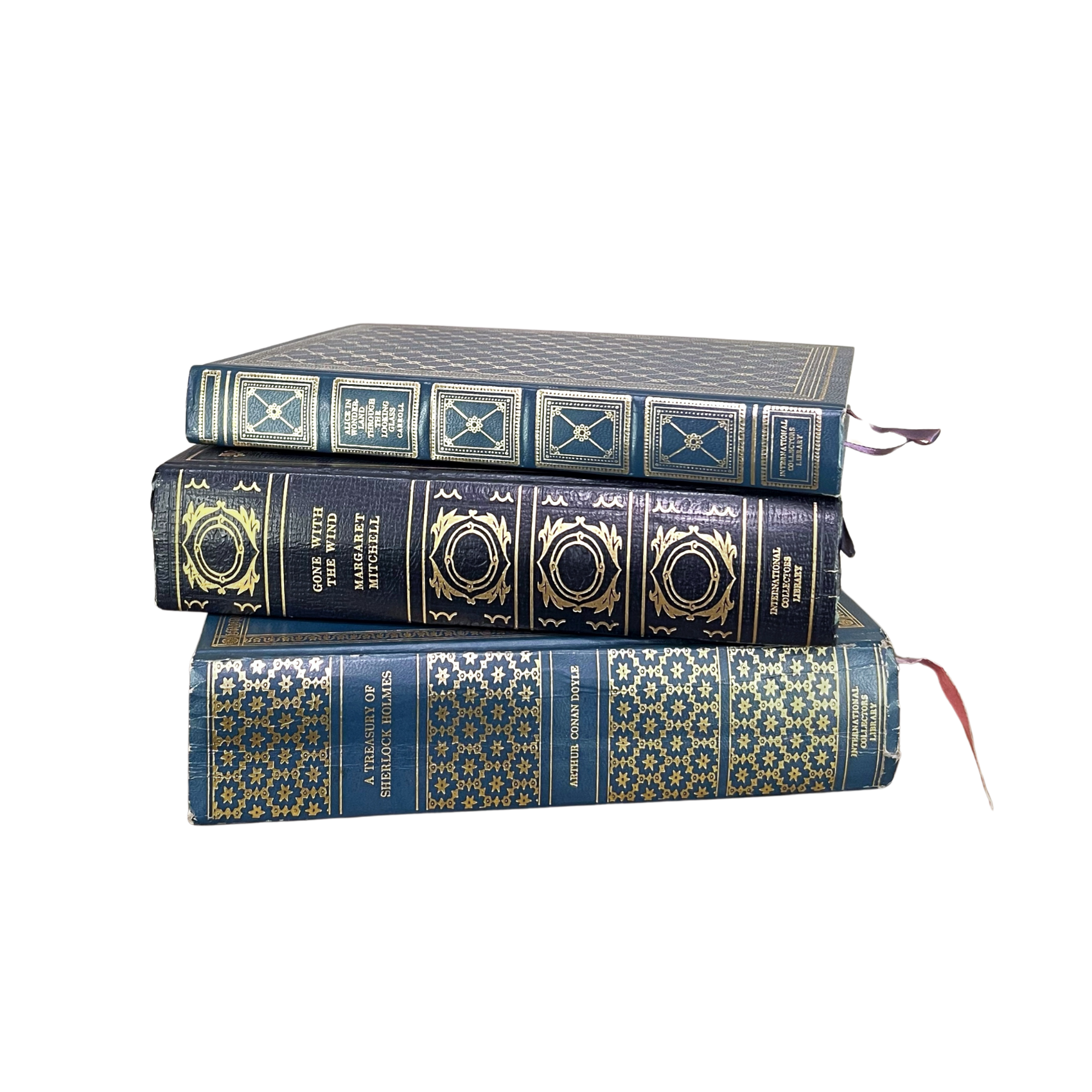 Vintage Blue Gilded Books stacked neatly, showcasing their beautiful gilded bindings and rich blue covers.