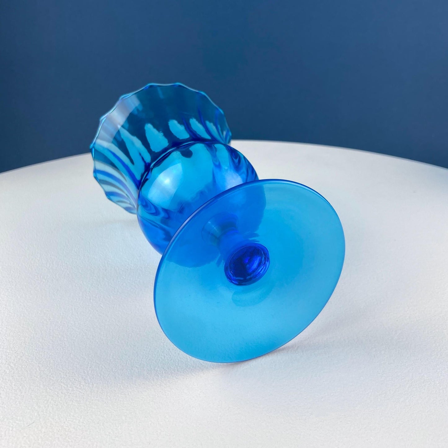 Blue Hand-Blown Glass Footed Vase. Large Goblet with Thumb Print Motif. Collectible Modern Glass.