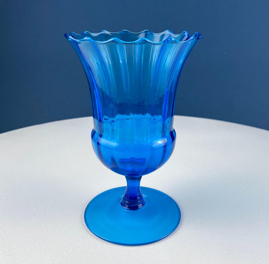 Blue Hand-Blown Glass Footed Vase. Large Goblet with Thumb Print Motif. Collectible Modern Glass.