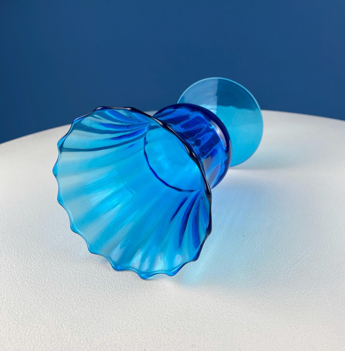 Blue Hand-Blown Glass Footed Vase. Large Goblet with Thumb Print Motif. Collectible Modern Glass.