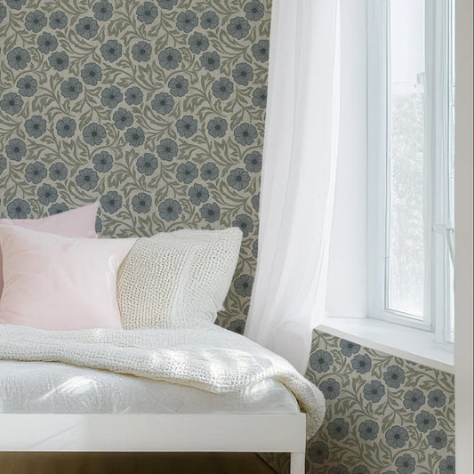 Blue and Green Linen Flowers Wallpaper | Hand-Drawn Vintage Floral