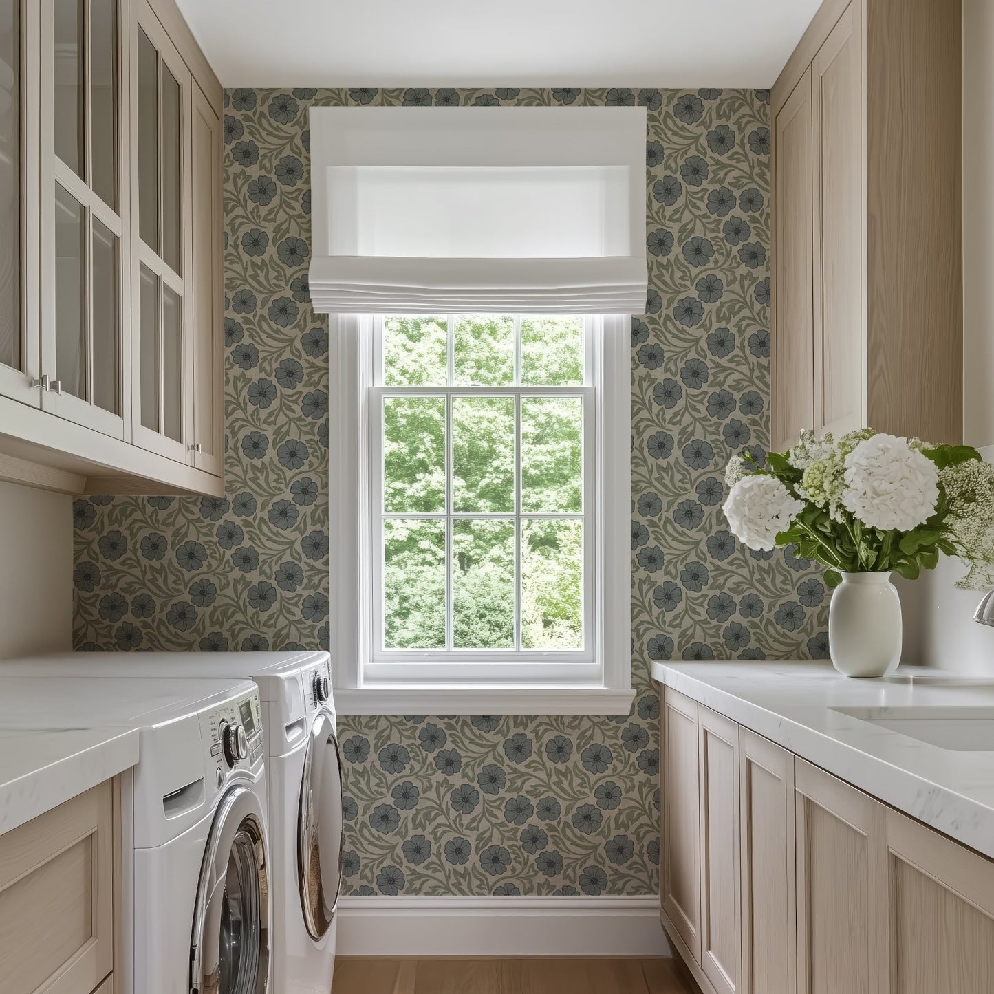Blue and Green Linen Flowers Wallpaper | Hand-Drawn Vintage Floral