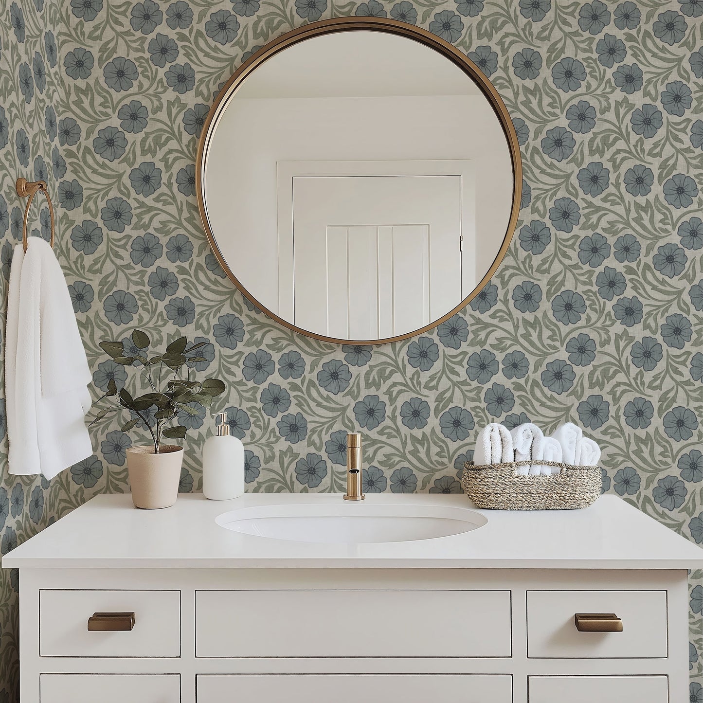 Blue and Green Linen Flowers Wallpaper | Hand-Drawn Vintage Floral