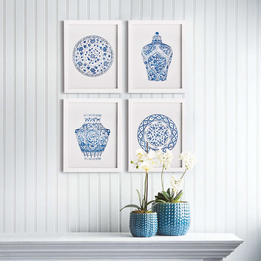 Blue and White Chinoiserie Ginger Jar and Plate Prints (Set of 4)