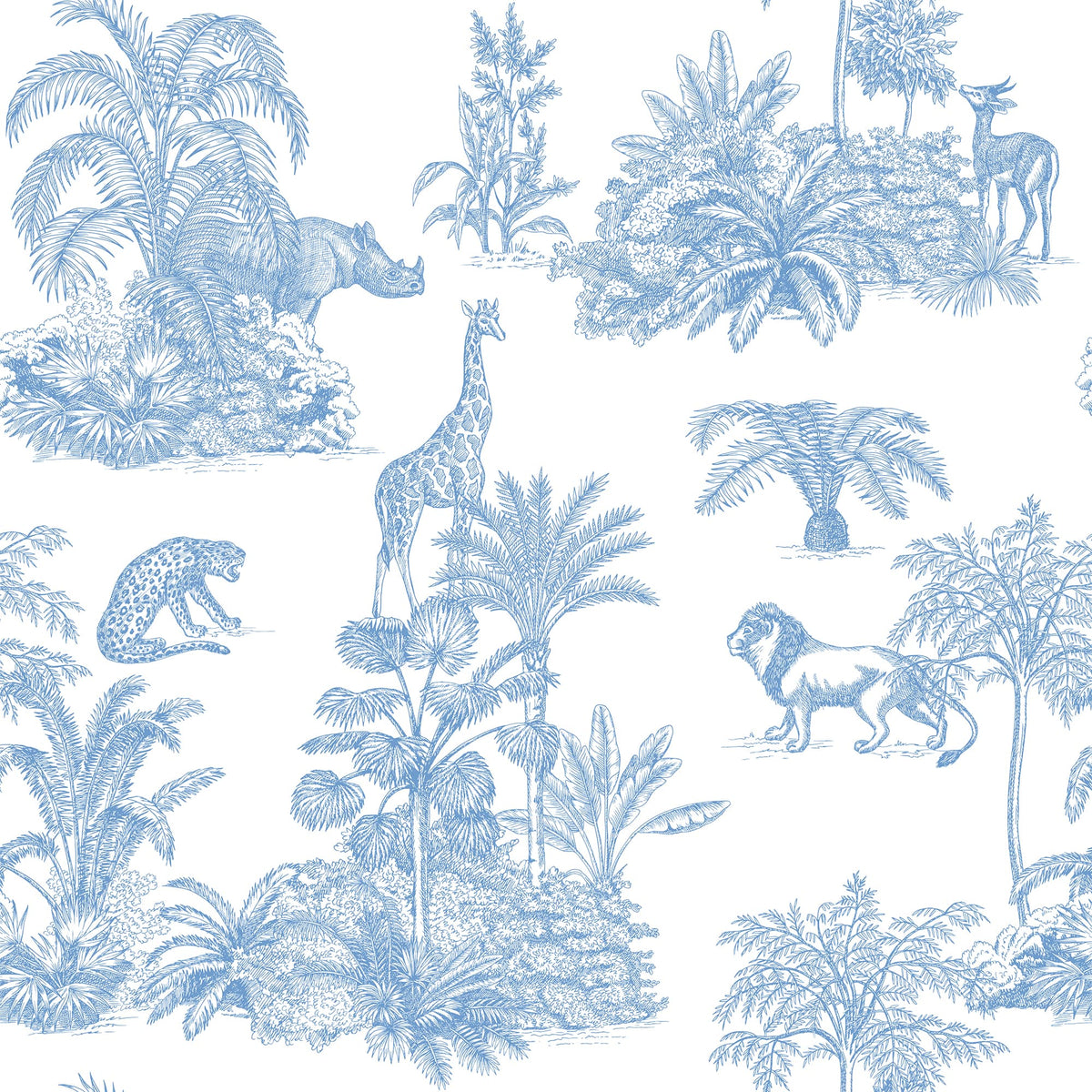 Blue Safari Toile Wallpaper - Jungle Animals in Classic Style