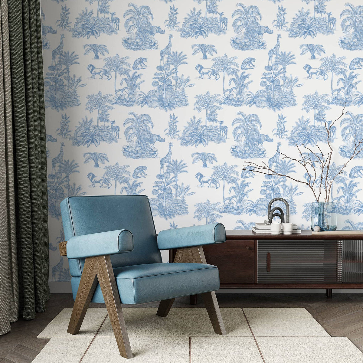 Blue Safari Toile Wallpaper - Jungle Animals in Classic Style