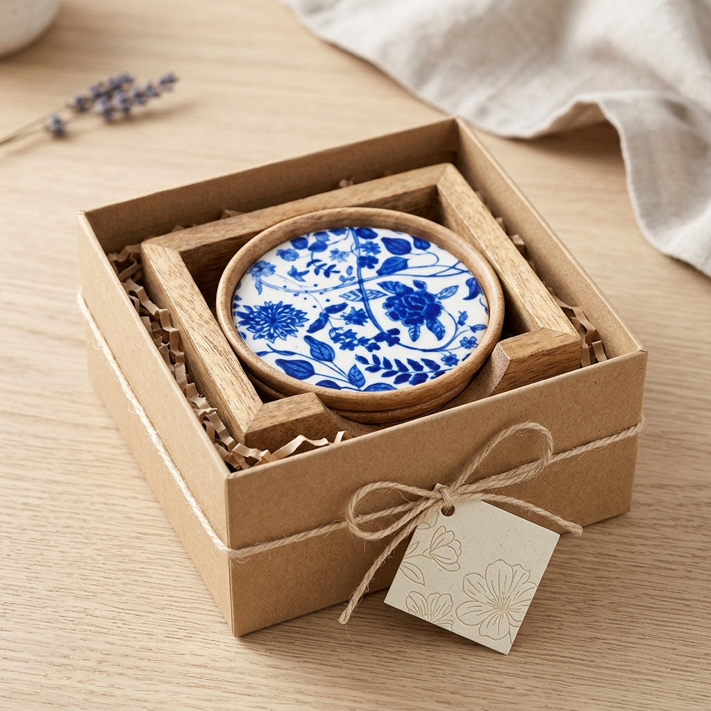 Mango Wood Coaster Set of 5 with Holder