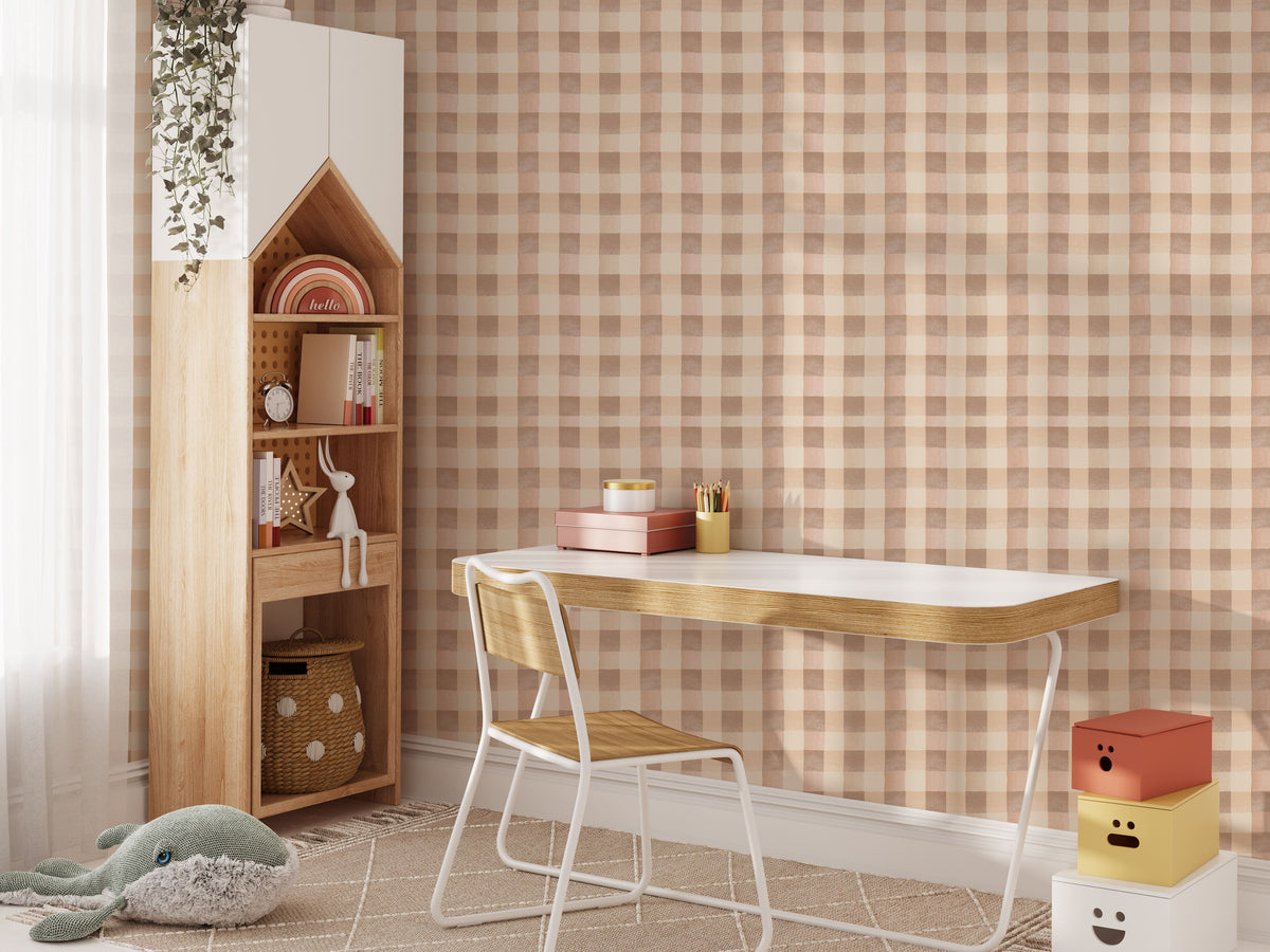 Boho Beige Checkered Wallpaper - Modern Farmhouse Decor