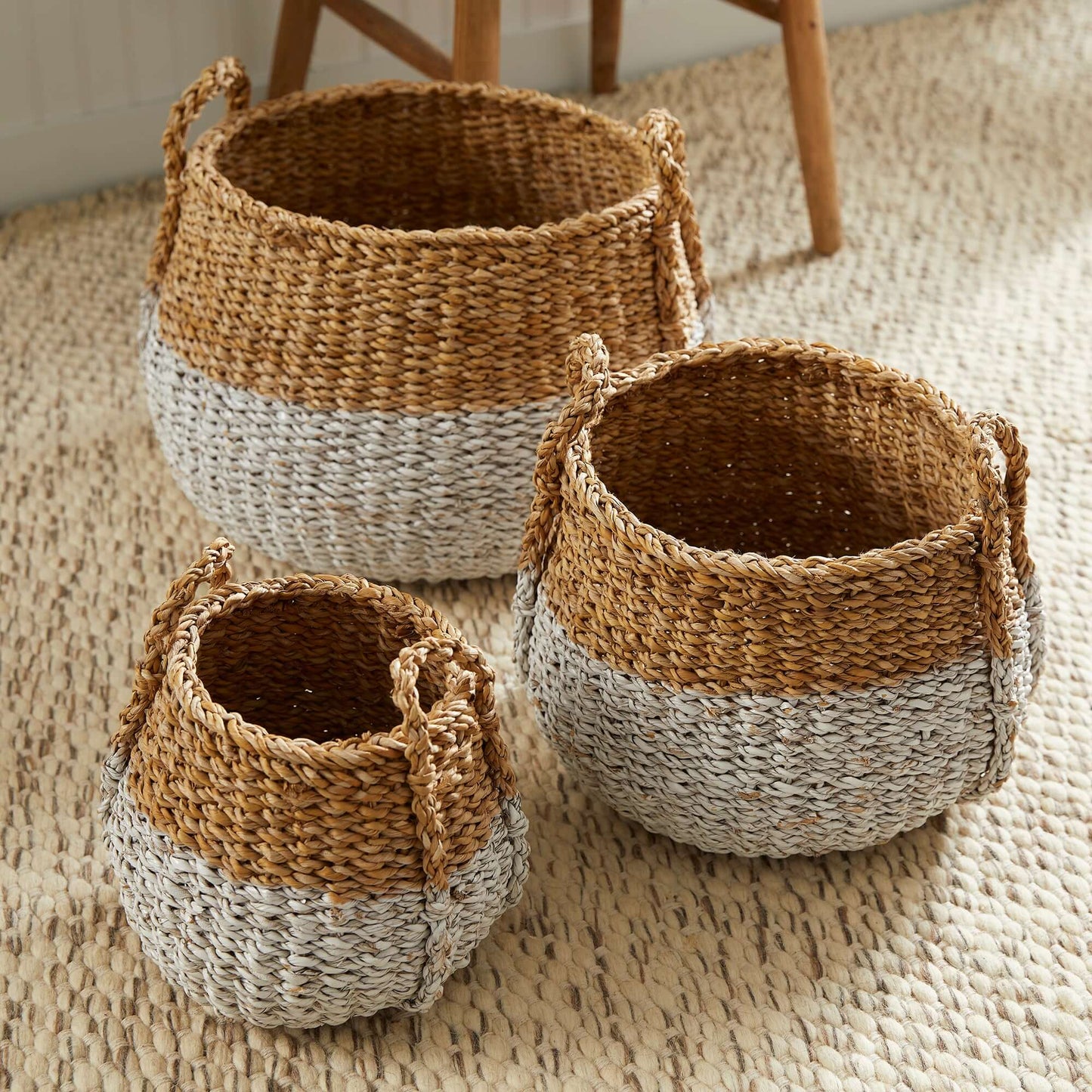 Boho Coastal Storage Baskets with Handles (Set of 3)