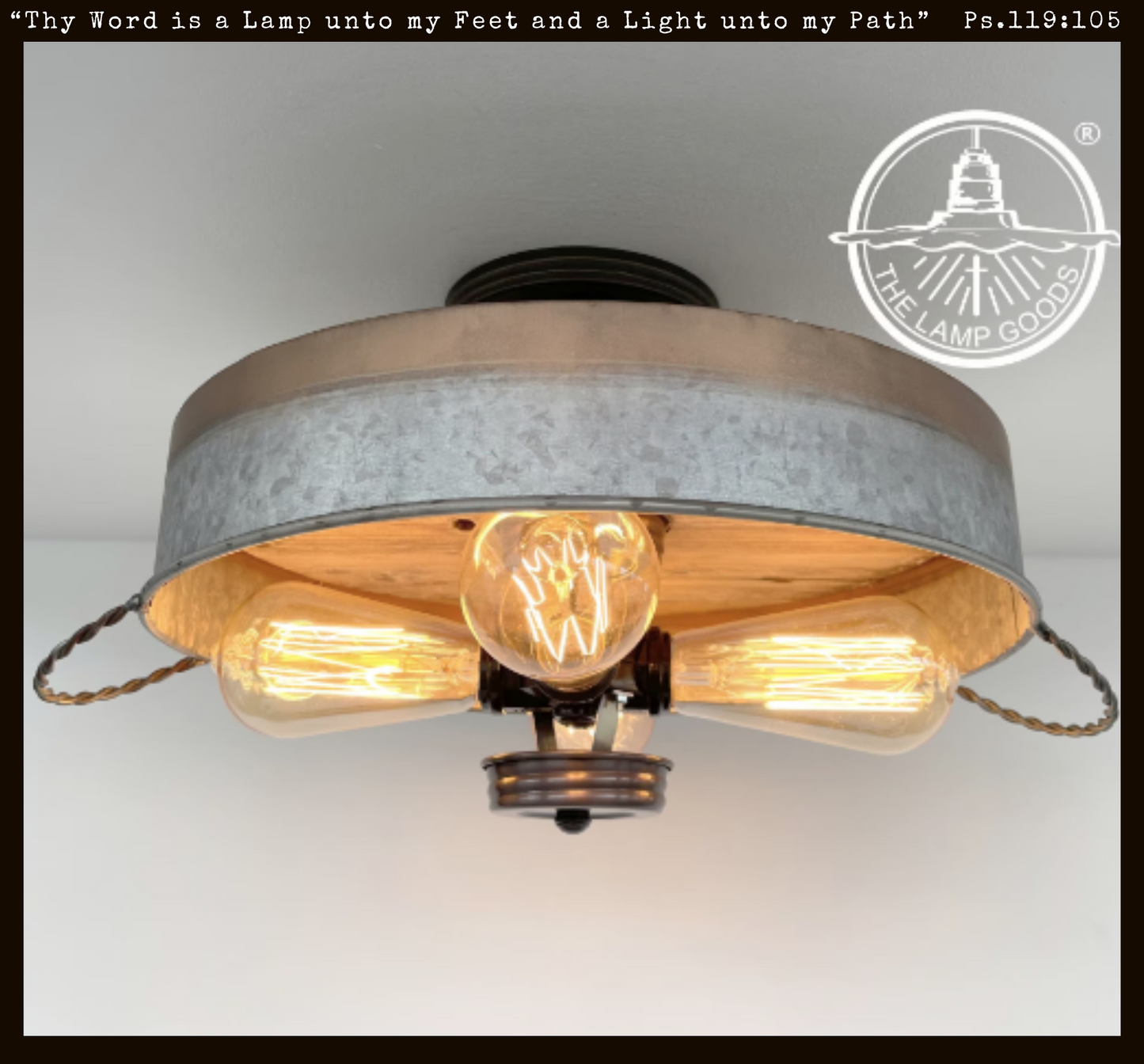 Modern Farmhouse Galvanized & Copper Tone Metal Flat Tub Ceiling Light Wood Accents