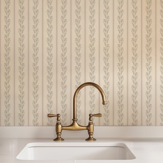 Cream and Pink Vintage Tulip and Stripe Wallpaper