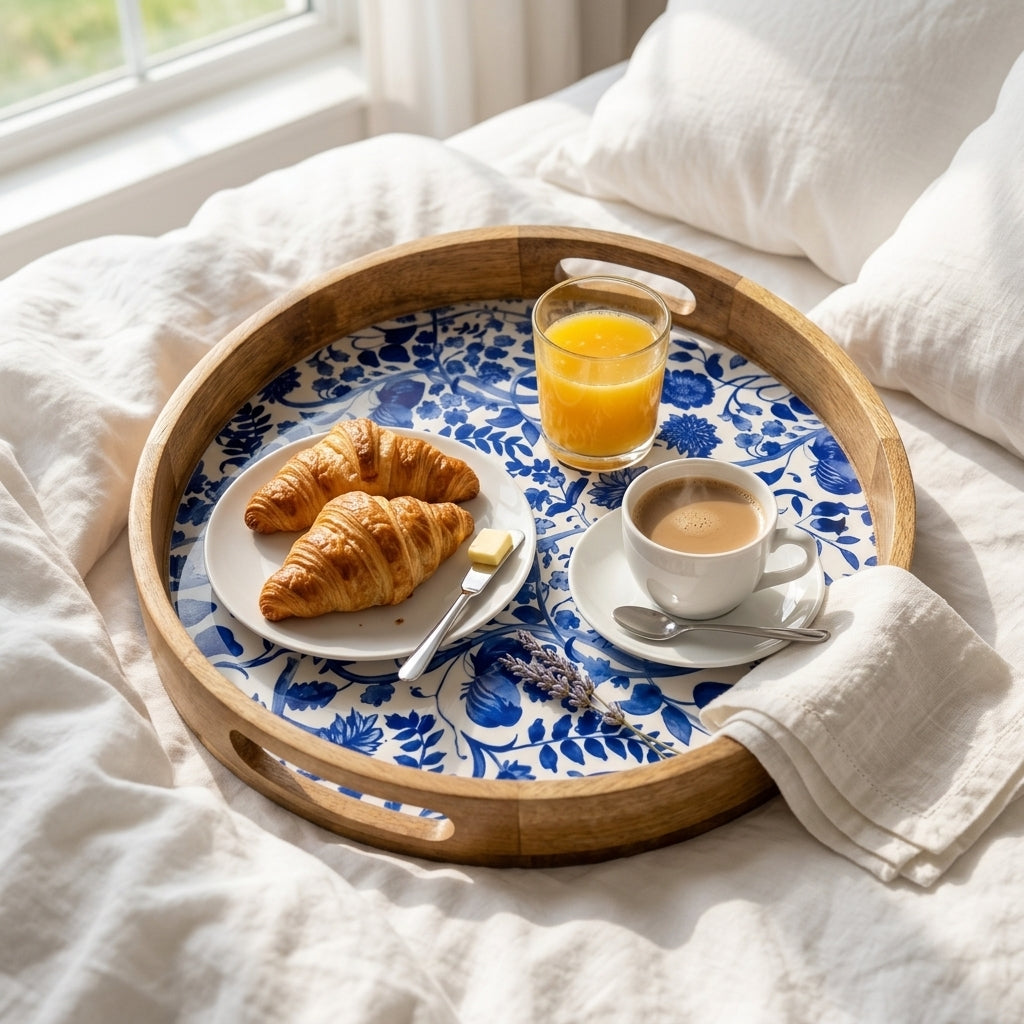 Round Blue Mango Wood Serving Tray