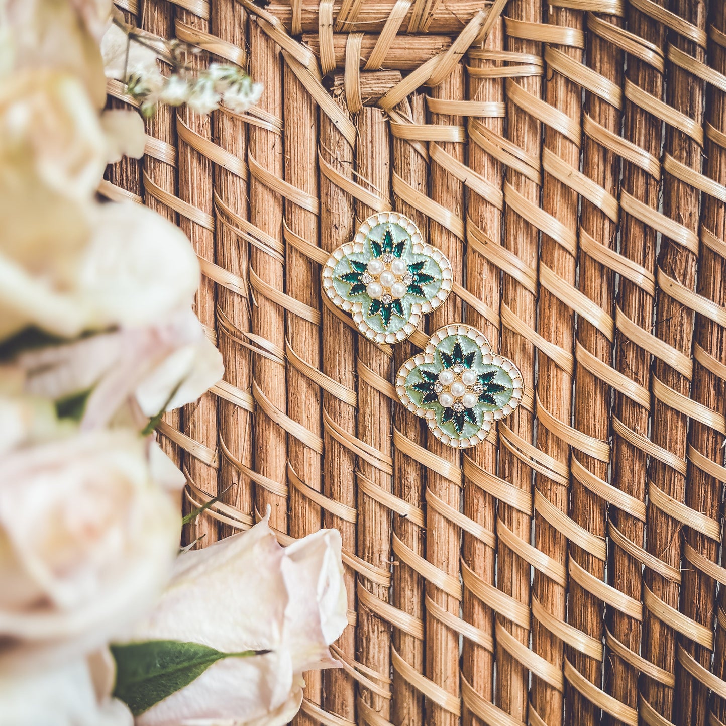 Beautiful Vintage Green and Pearl Stud Earrings