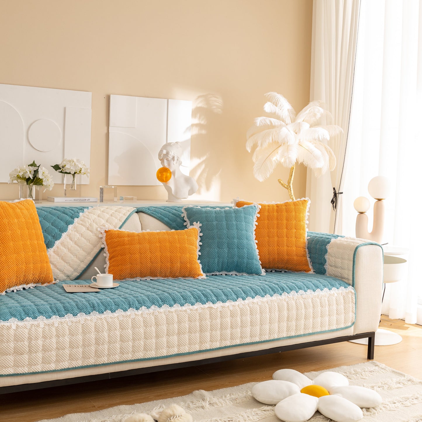 Non-Slip Sectional Couch Cover with Lace, Furniture Protector for Dogs, Pets, and Kids III