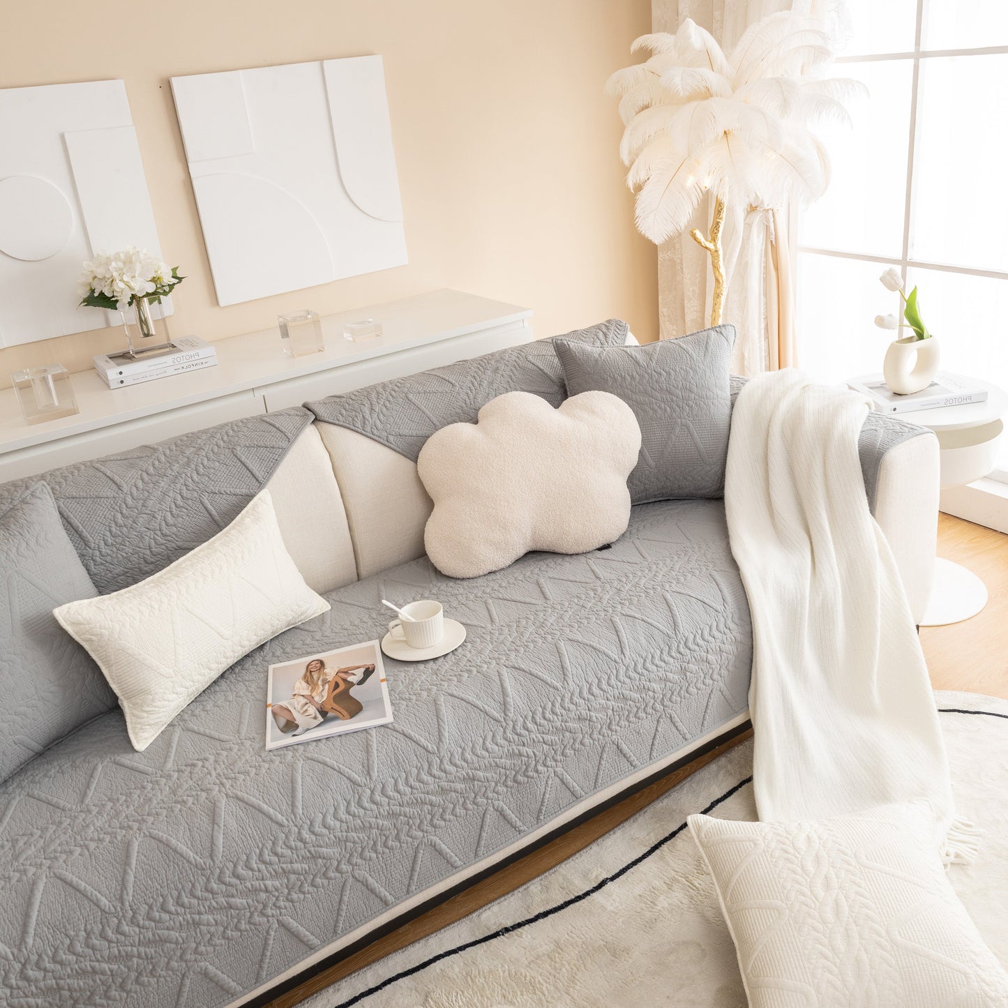 Geometric Textured Cotton Quilted Sofa Cover, Non-Slip Washable Couch Protector